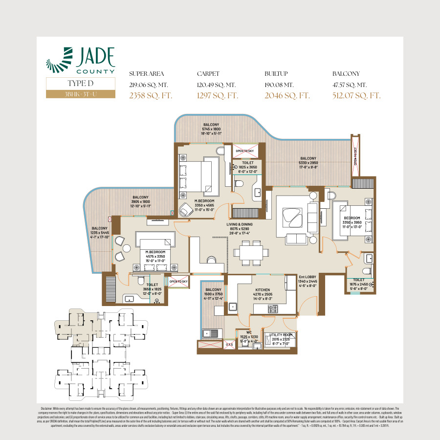 Type D — 3BHK+3T+U indicative layout (brochure)