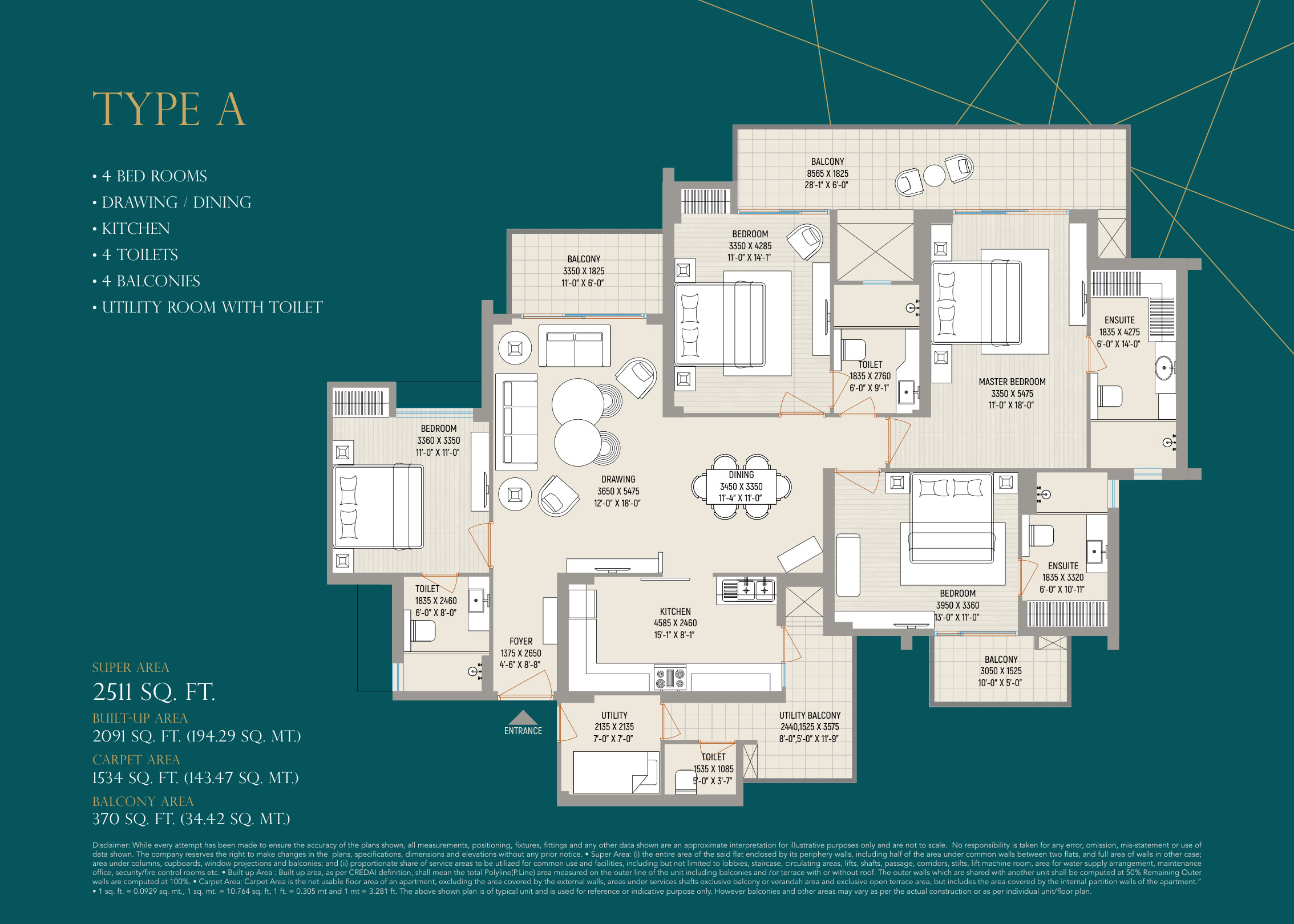 Type A — 4 BHK indicative layout (brochure)