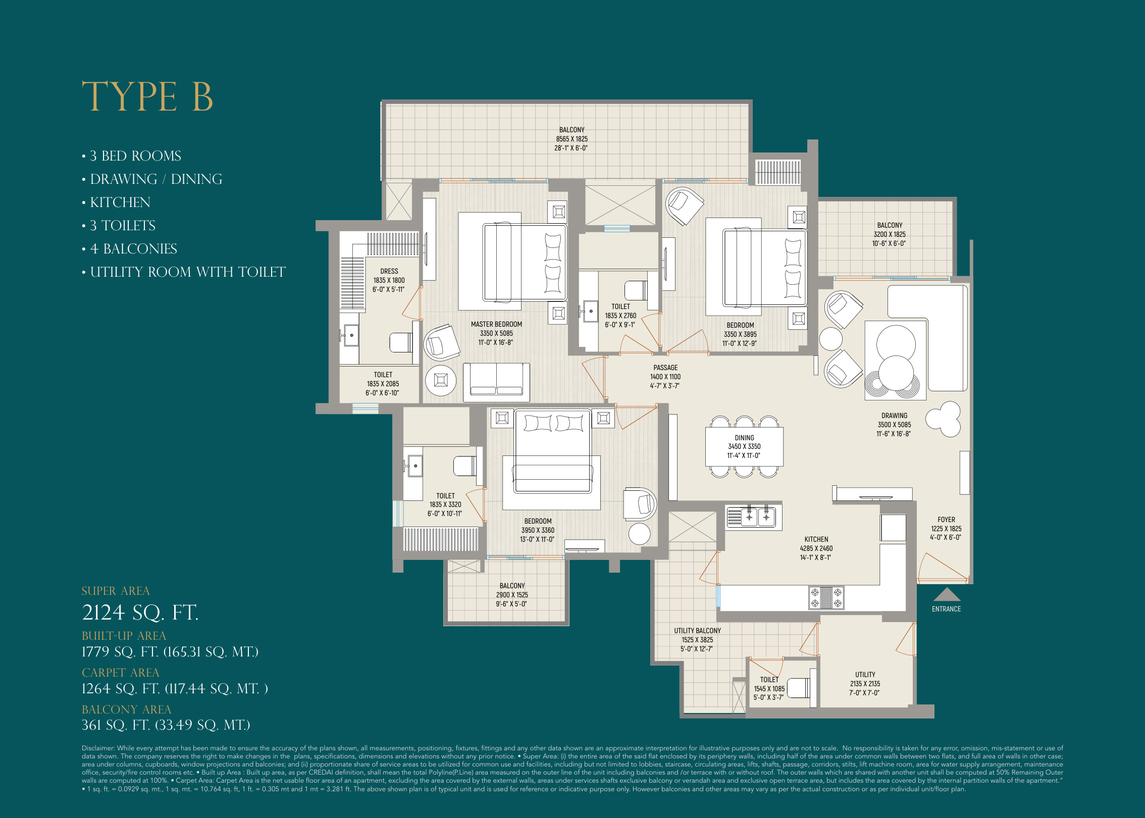 Type B — 3 BHK indicative layout (brochure)