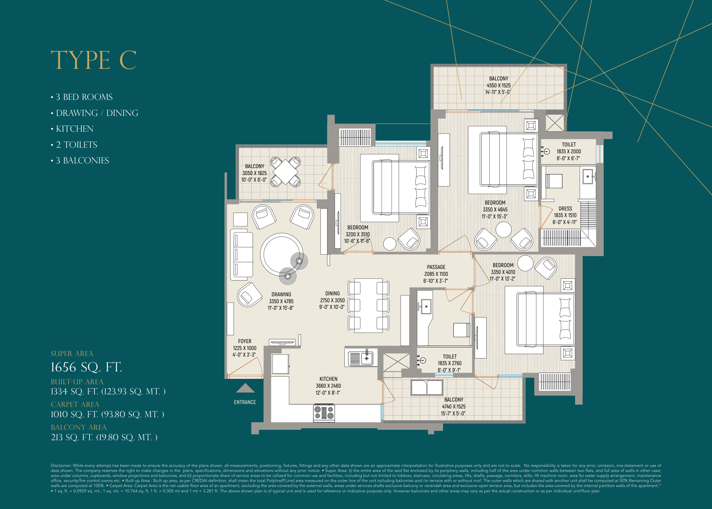 Type C — 3 BHK indicative layout (brochure)